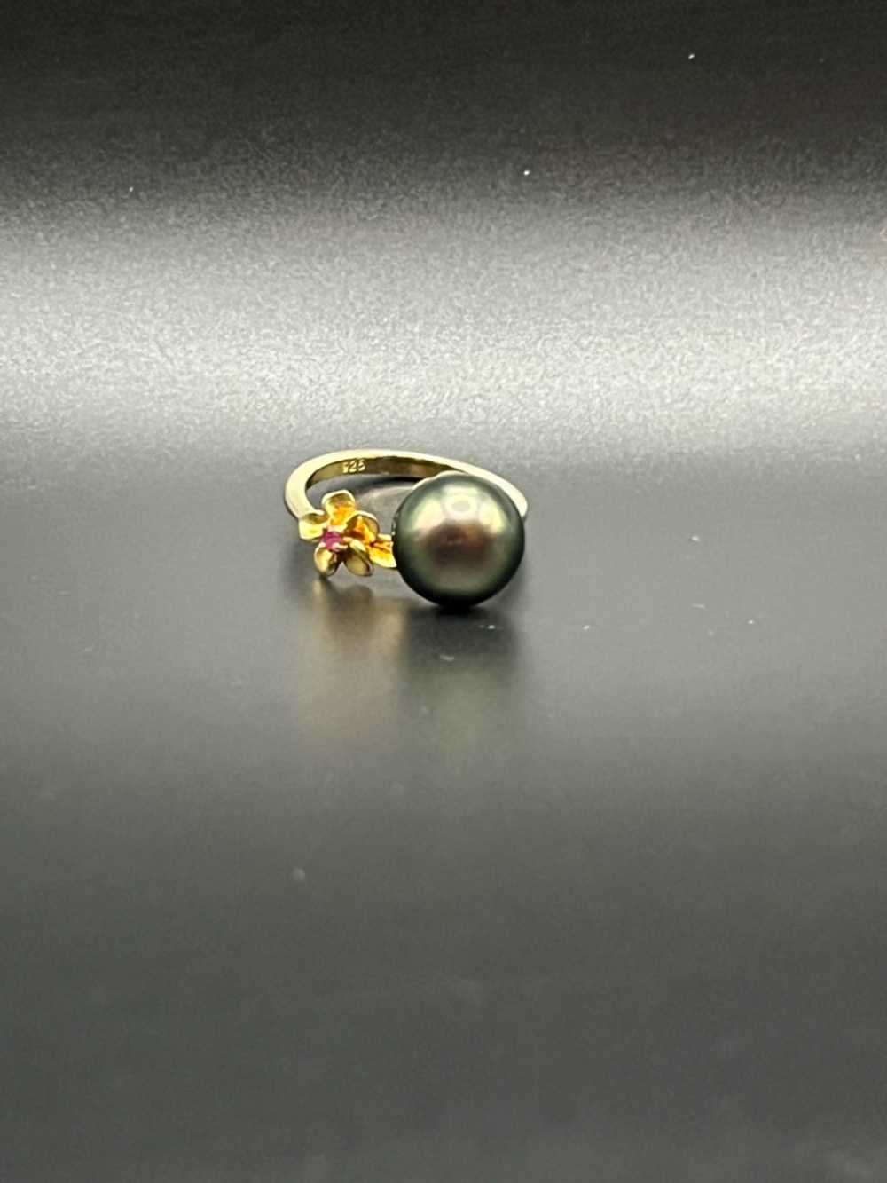 Sterling Silver Gold-Accent Tahitian Pearl Ring with Pink Flower Accent